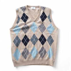 Scott & Charters Lambswool Argyle Sweater‎ Vest Made in Scotland Beige Men's M